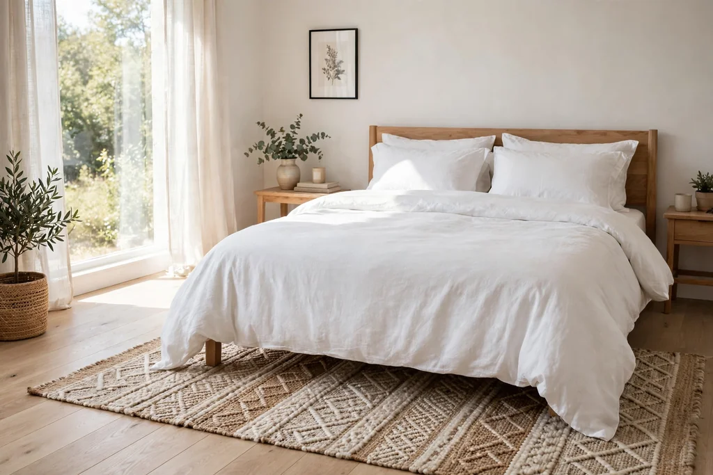 Bedroom with light wood floors and a woven wool rug under a bed.