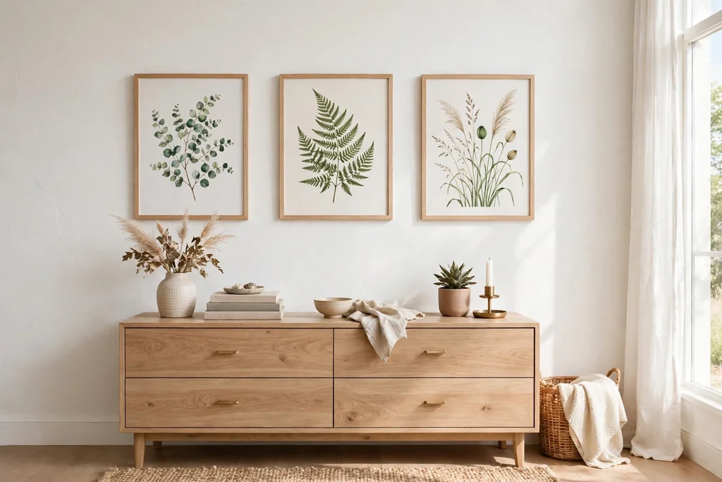 Bedroom wall with nature prints in light wood frames.