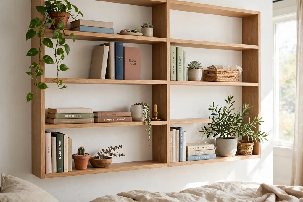 Open light wood bedroom shelves holding books and plants.
