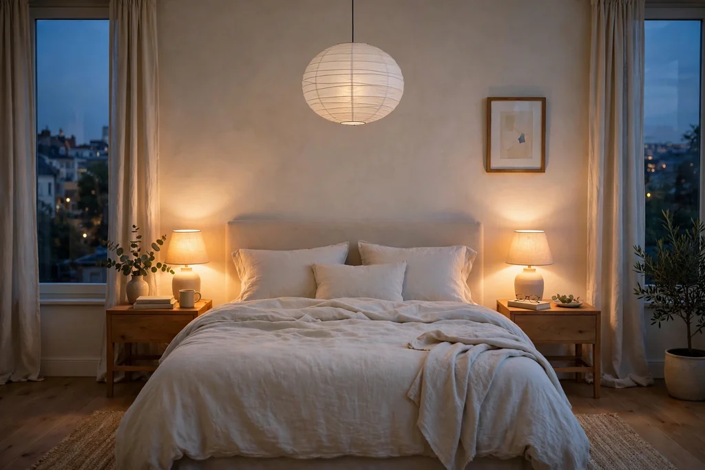 Bedroom in the evening with a paper pendant and warm bedside lamps.