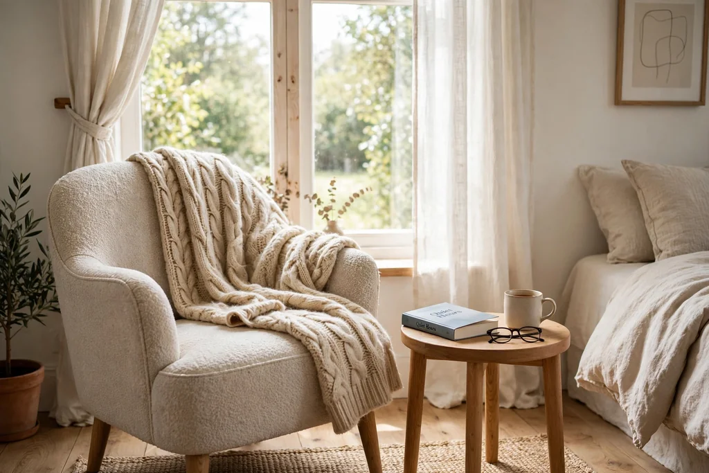 Bedroom reading chair with a wool throw by a window.