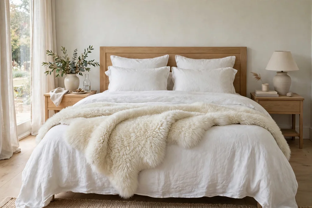 Bed with a sheepskin throw draped over linen bedding.