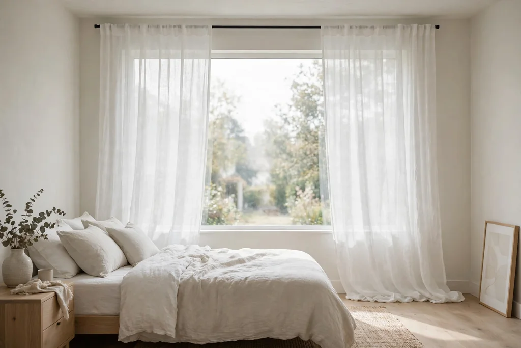 Bedroom window with sheer linen curtains hung high and wide.