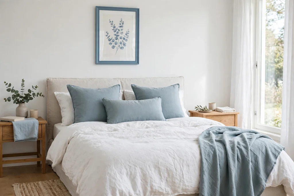Bed with soft Swedish blue cushions and a blue framed print.