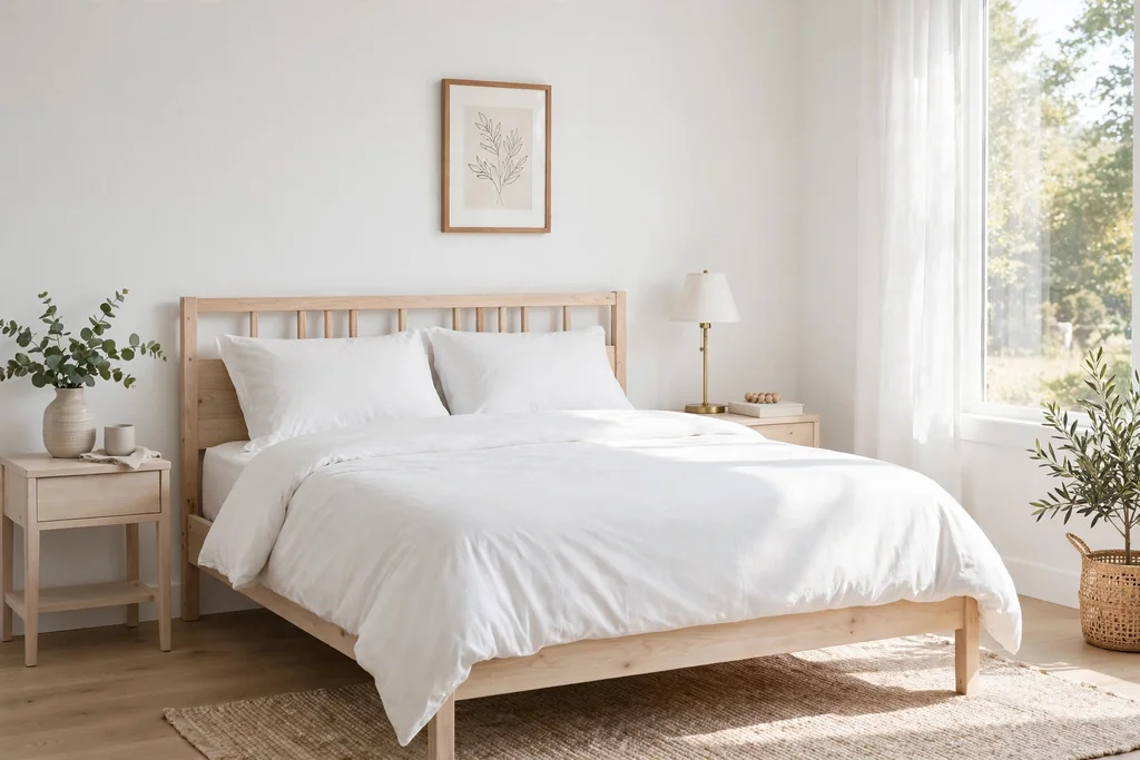 Bedroom with white walls and a pale wood bed frame.