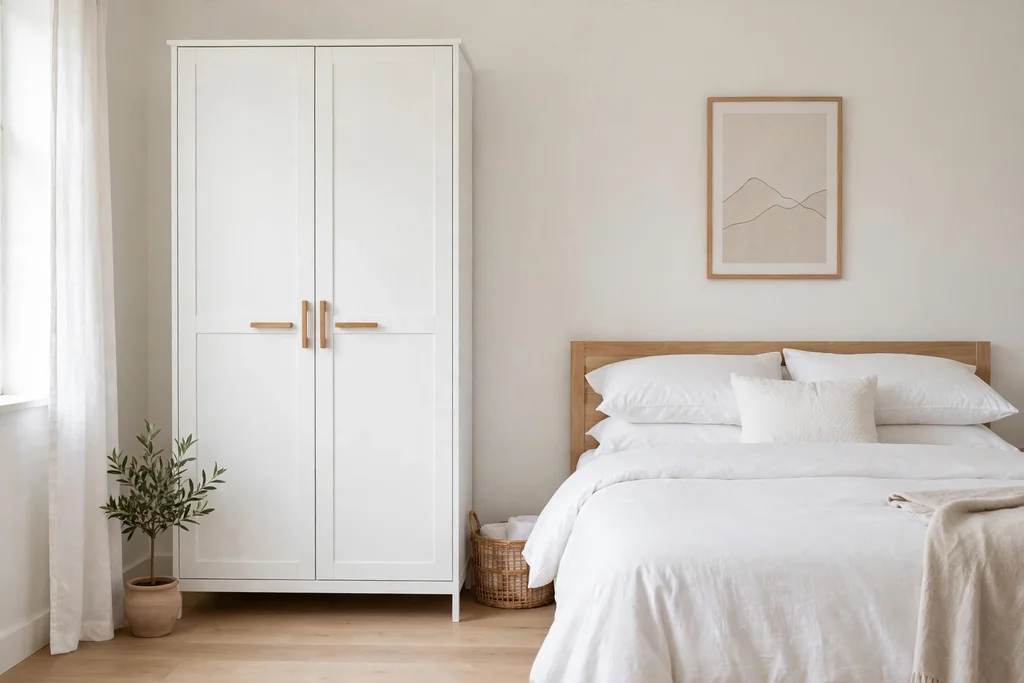 White bedroom wardrobe with simple wooden handles beside a bed.