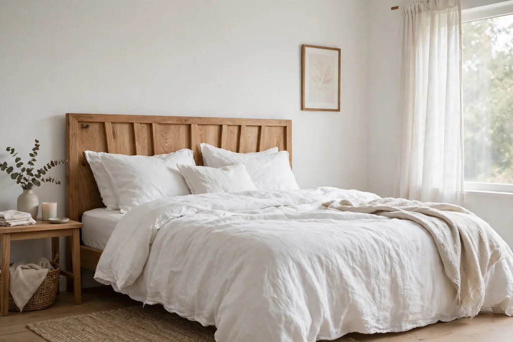 Bed with a wooden headboard in a natural finish.