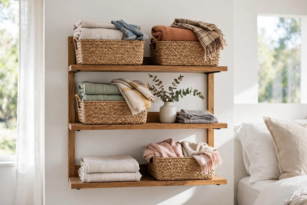 Bedroom shelves with woven baskets holding folded throws.