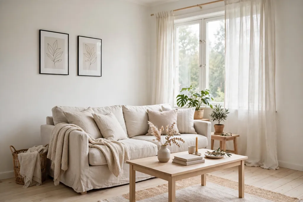 Swedish living room with warm white walls and pale wood floors.