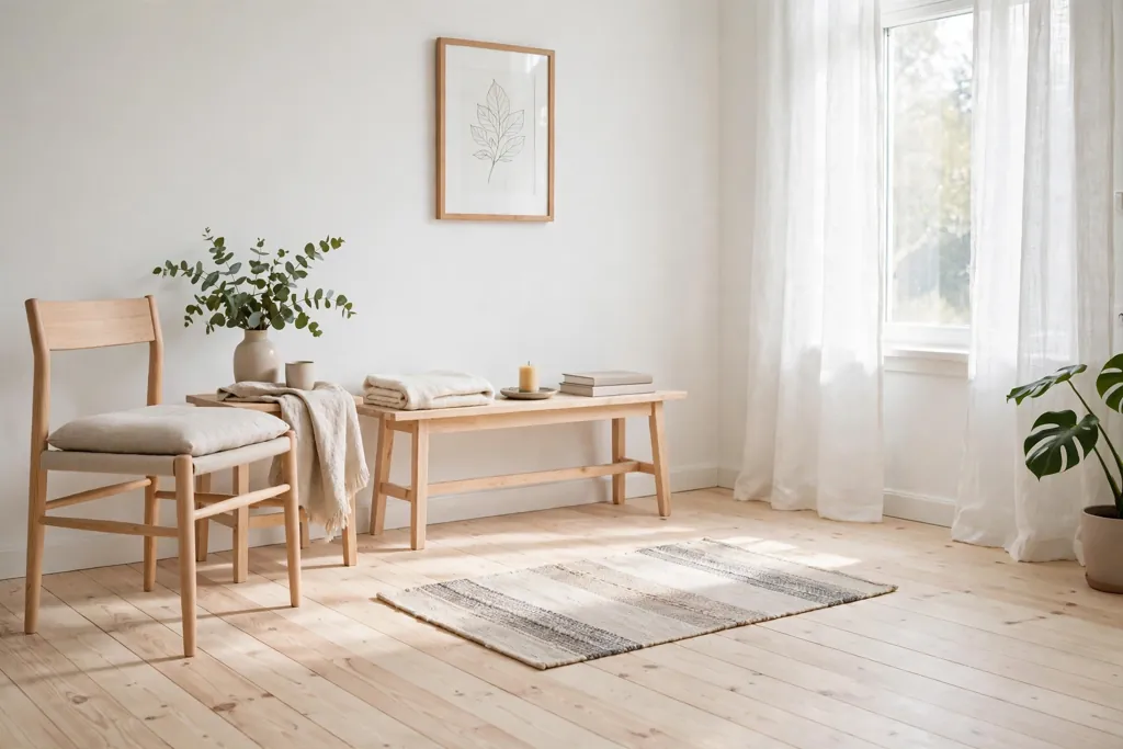 Bright Swedish room with pale wood floors kept visible around a rug.