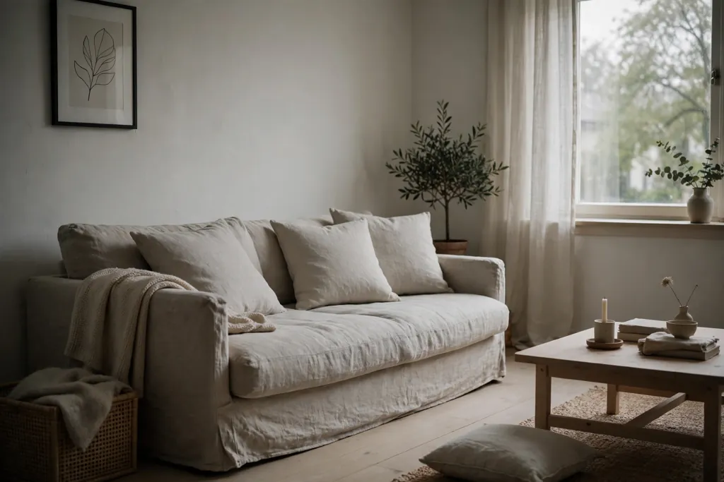 Low light linen sofa with plain cushions in a Swedish living room.