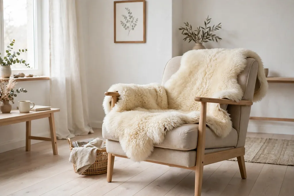 Armchair with a cream sheepskin draped over it in a Swedish living room.