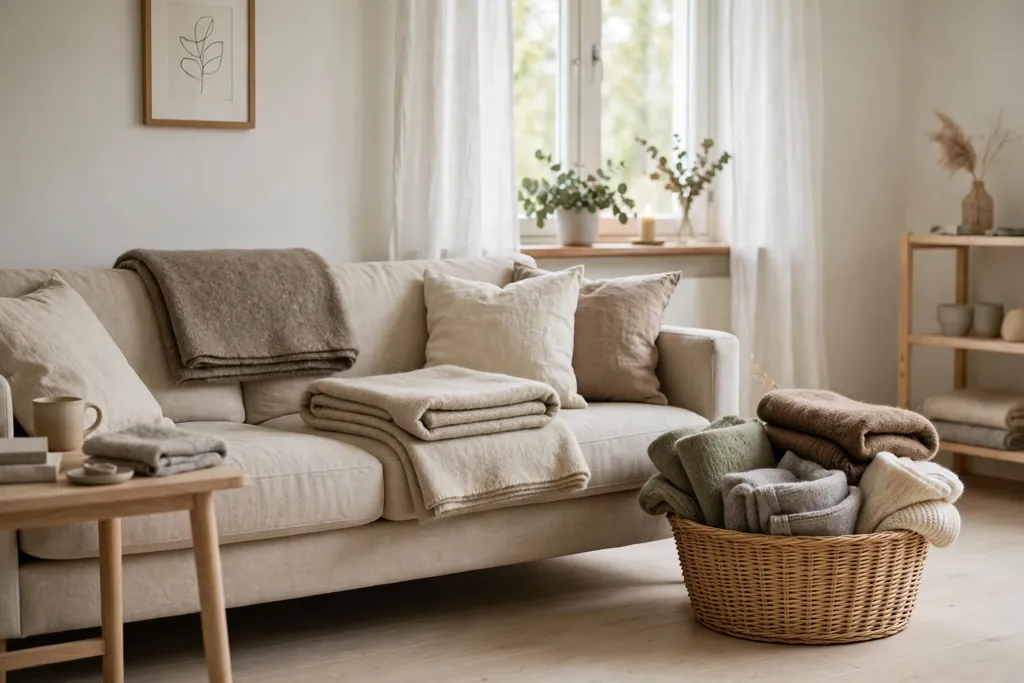 Sofa with folded wool throws and a basket of throws beside it.