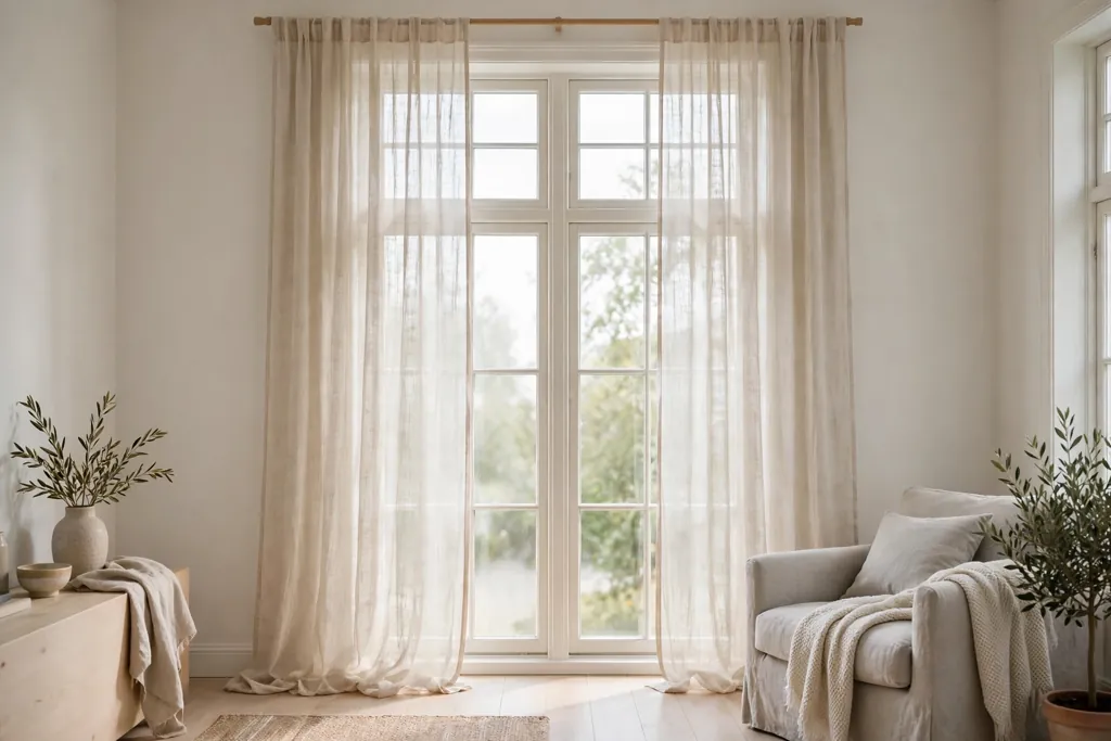 Tall window with sheer linen curtains falling to the floor in a Swedish room.