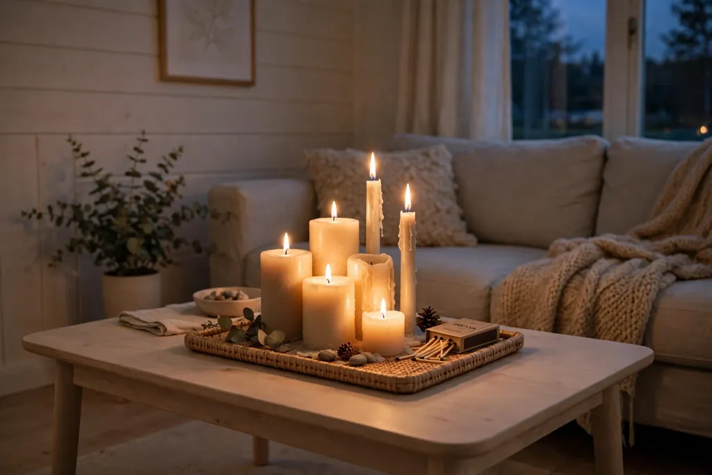 Candles grouped on a tray on a coffee table in a Swedish living room.