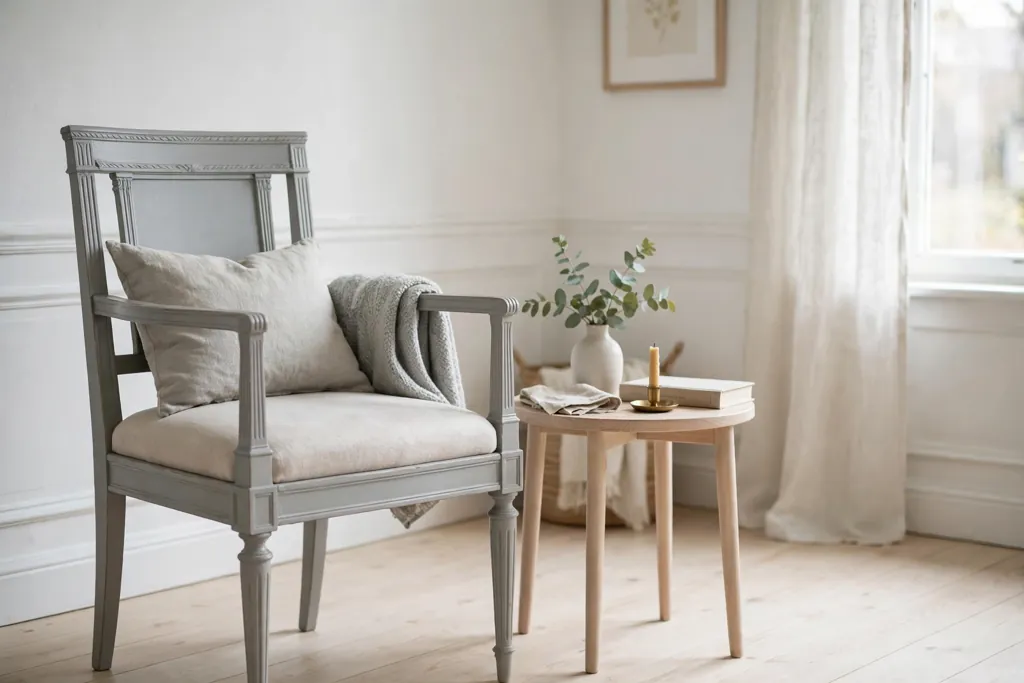 Painted Gustavian chair in soft grey beside a small side table.