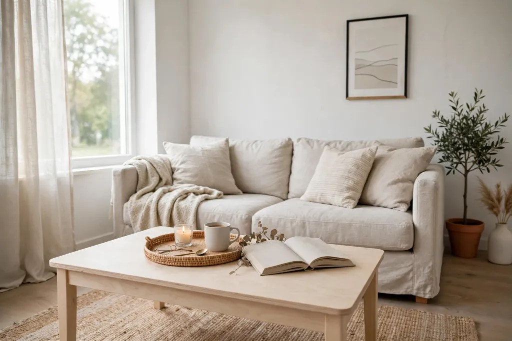 Pale wood coffee table with a tray and a book in a Swedish living room.