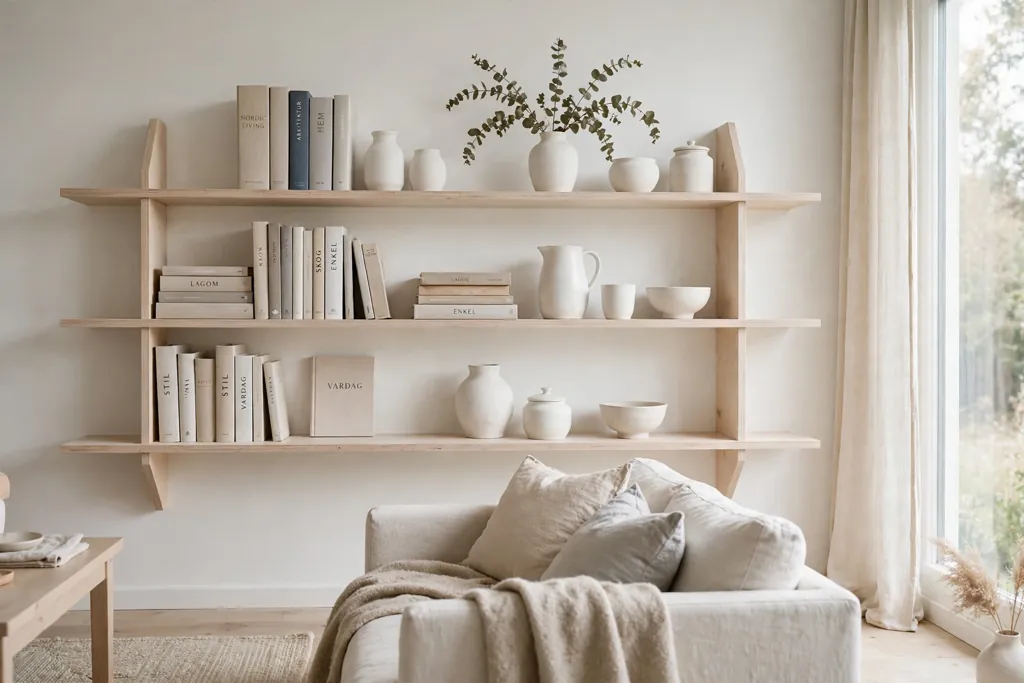 Open pale wood wall shelves with books and plain ceramics.