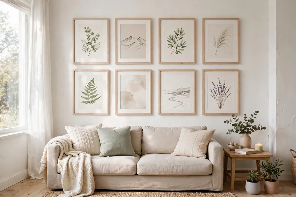 Gallery wall in matching pale frames above a sofa in a Swedish living room.