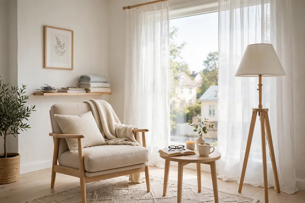 Reading chair by a bright window with a floor lamp and small table.