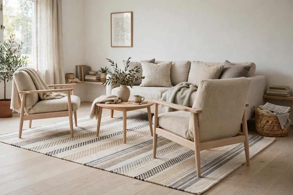 Flatweave wool rug under a sofa and chairs in a Swedish living room.
