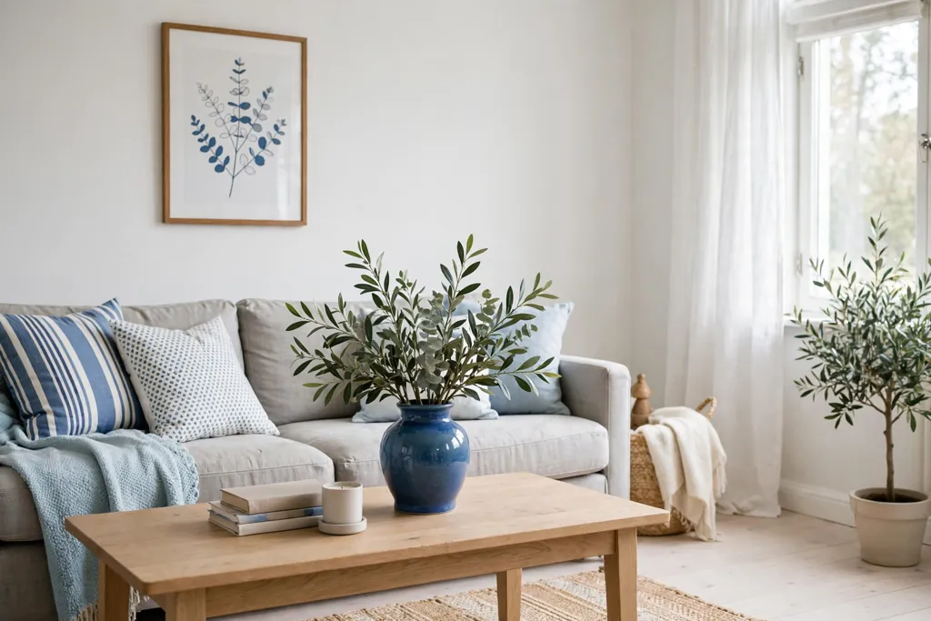 Swedish living room with blue and white cushions, a vase, and a print.