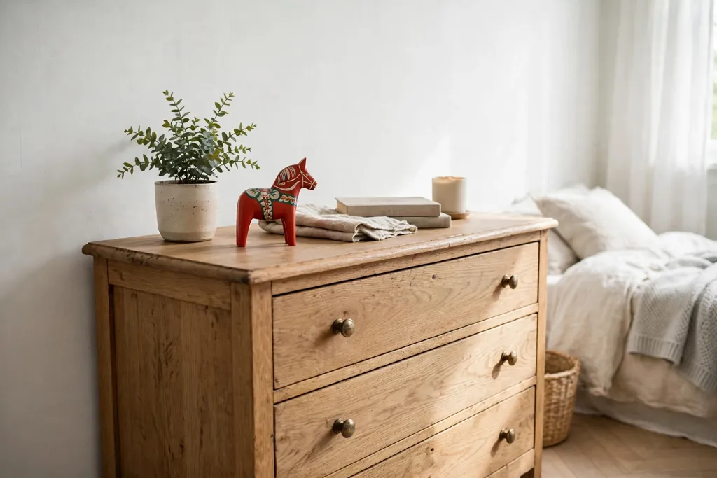 Dresser with a small painted red Dala horse accent and a plant.