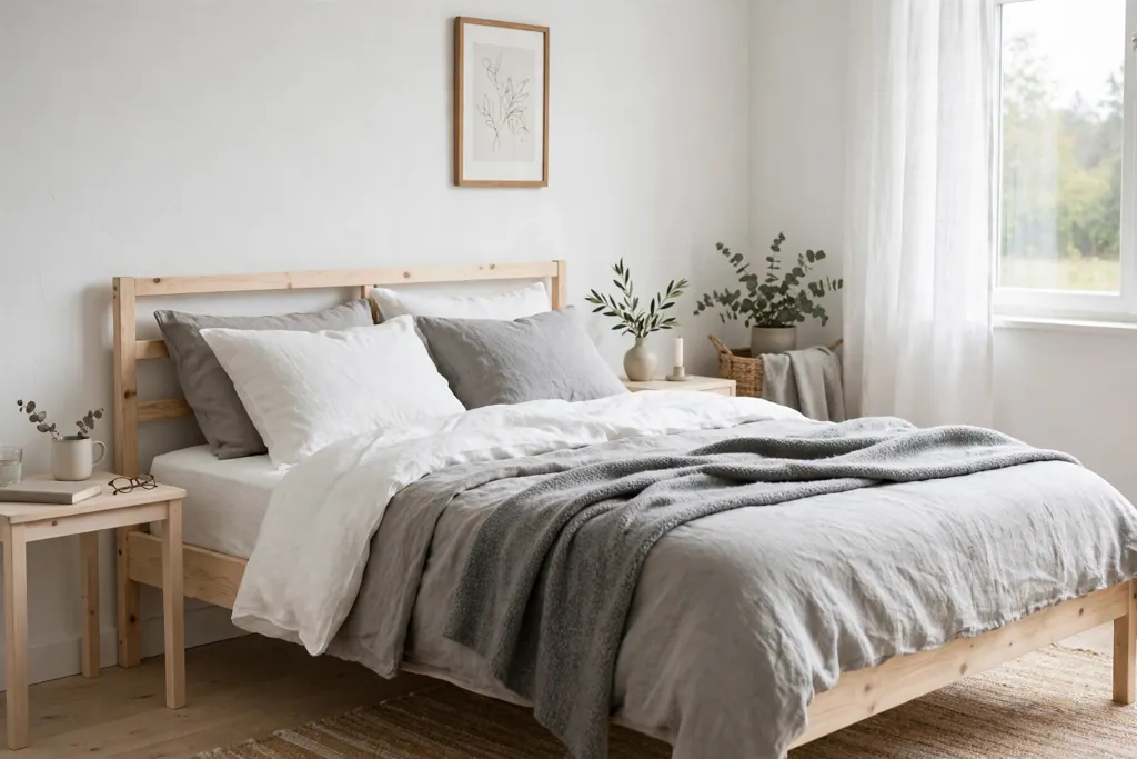 Bed with layered white and grey linen bedding in a Swedish bedroom.