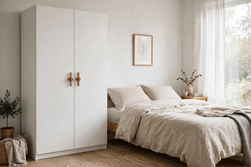 White bedroom wardrobe with simple wooden handles beside a bed.