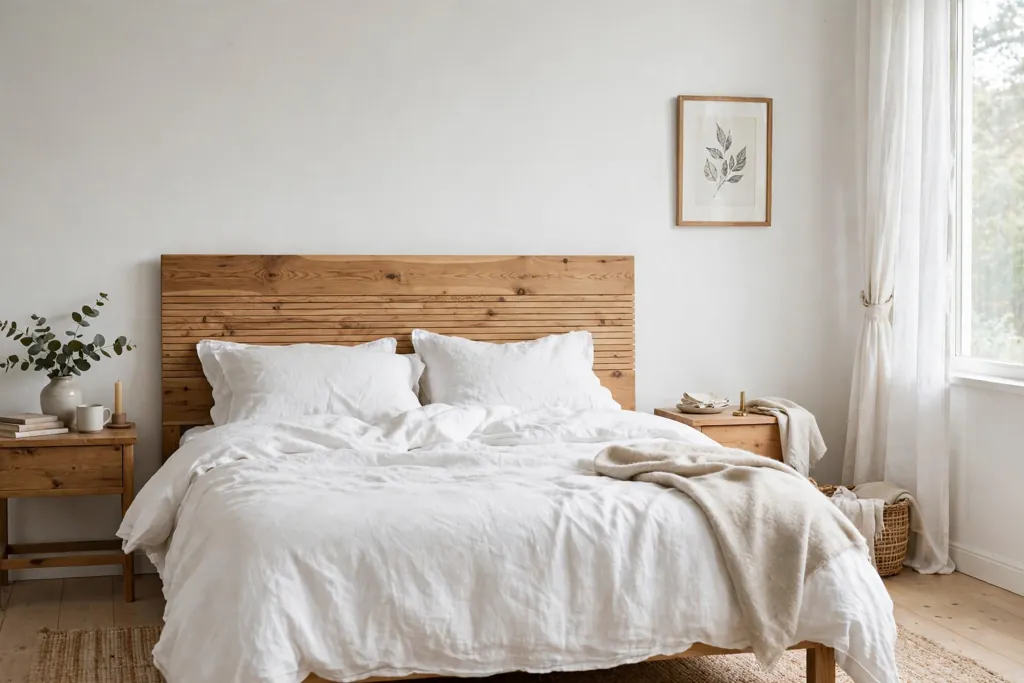 Bed with a wooden headboard in a natural finish and linen bedding.