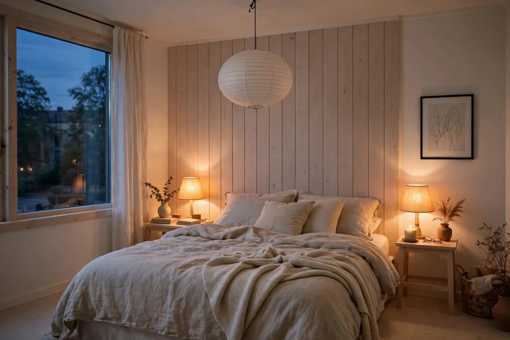Bedroom in the evening with a paper pendant and warm bedside lamps.