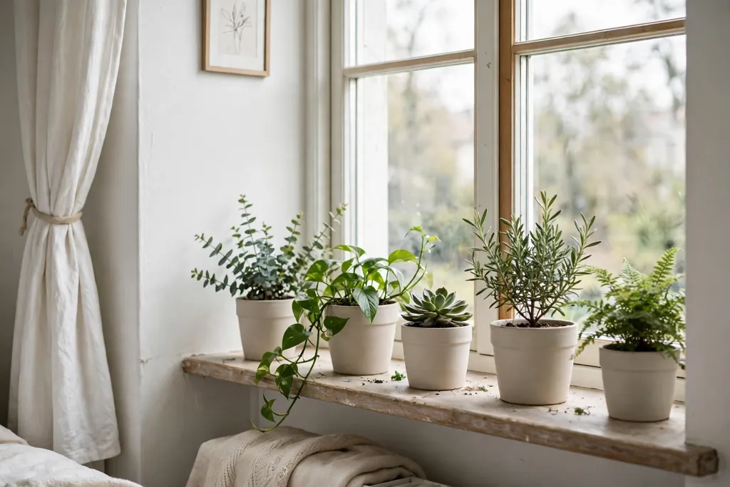 Bedroom windowsill with potted greenery in plain pots.