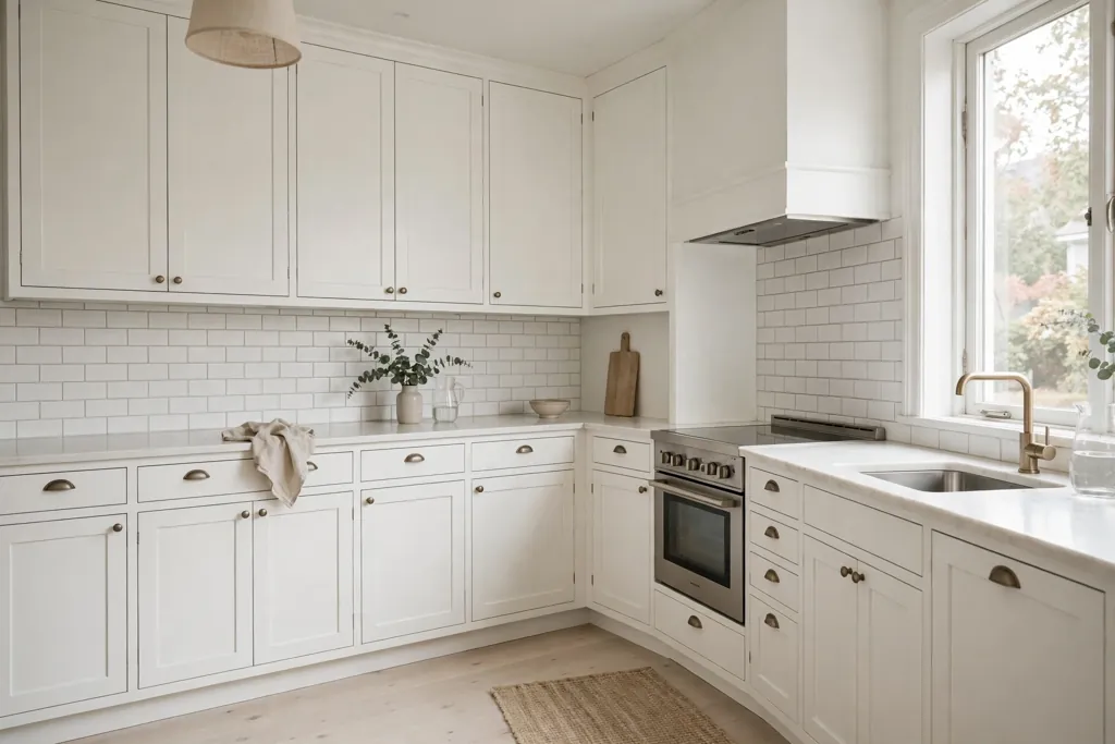 Swedish kitchen with white shaker cabinets and pale wood floors.