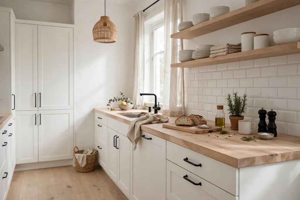 Swedish kitchen with a pale butcher block wood counter.