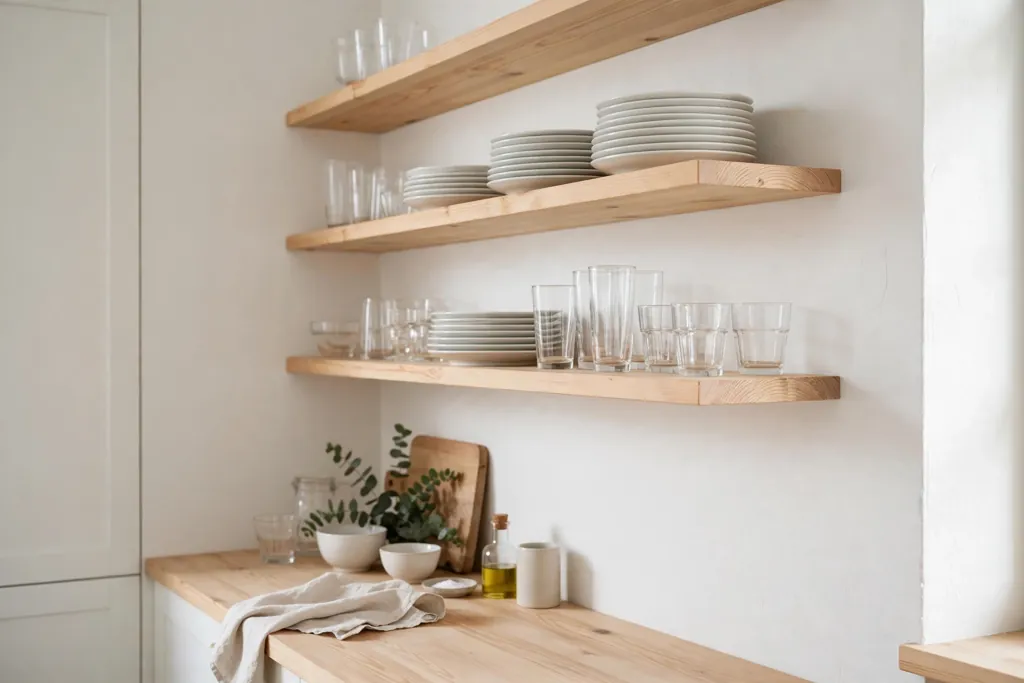 Swedish kitchen with open light wood shelves holding white dishes.