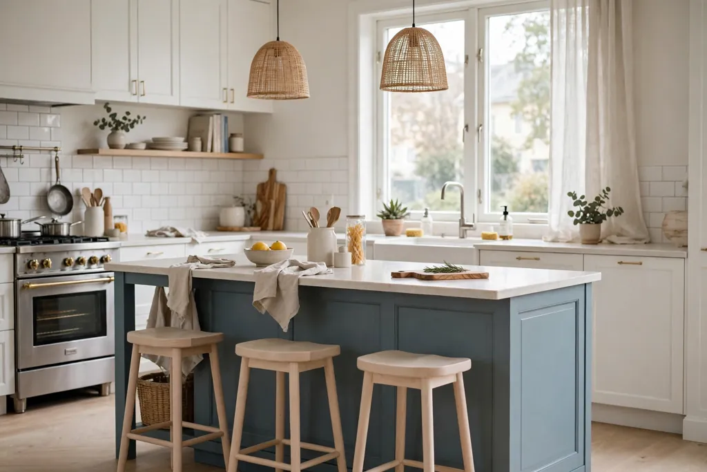 Swedish kitchen with a muted blue island and pale wood stools.