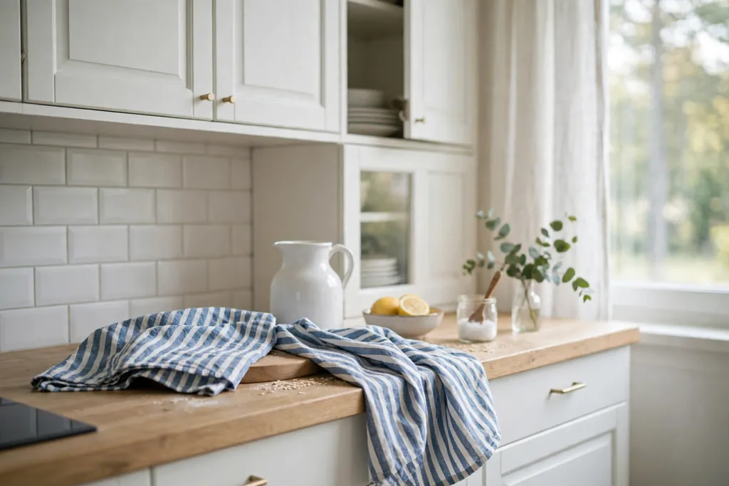Swedish kitchen counter with blue and white striped linen tea towels.