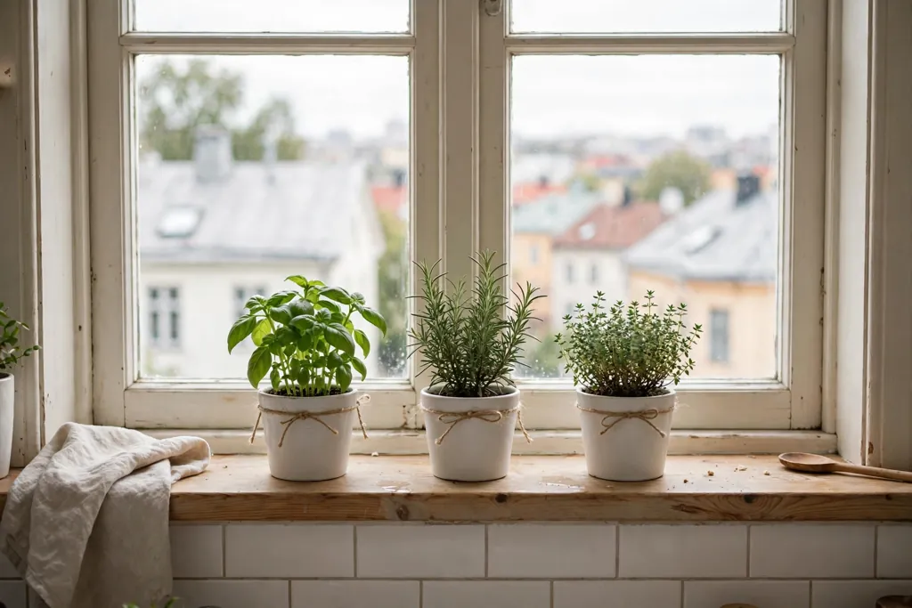 Swedish kitchen windowsill with small herb pots in white ceramic pots.