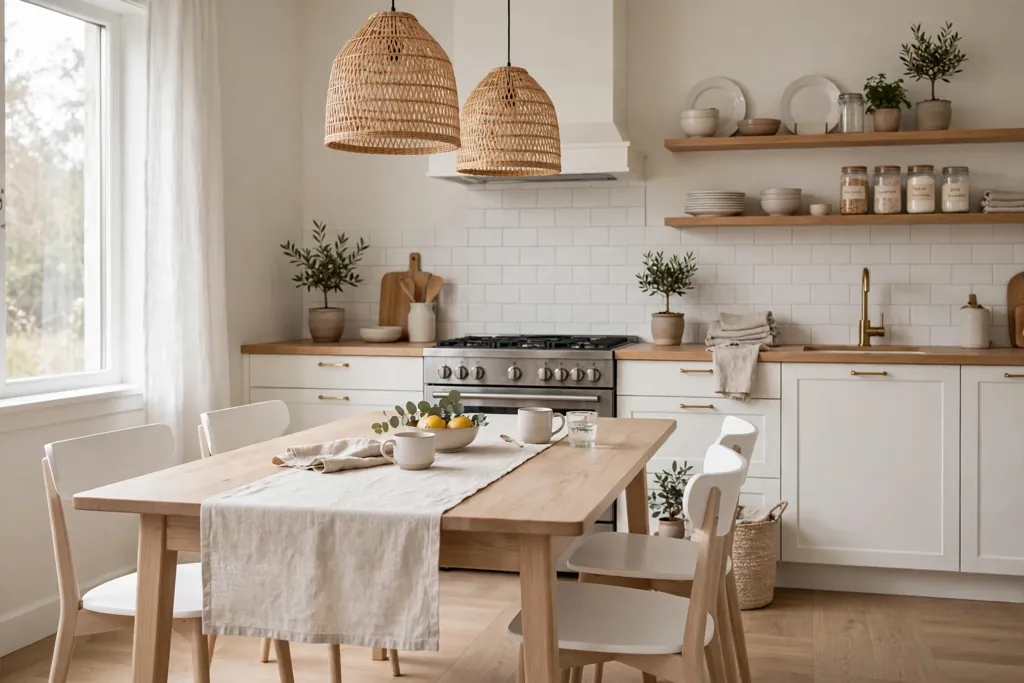 Kitchen dining area with a light wood table and white chairs.