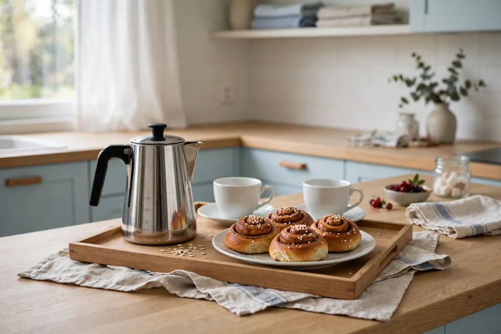 Kitchen counter with a fika tray holding a coffee pot, cups, and buns.