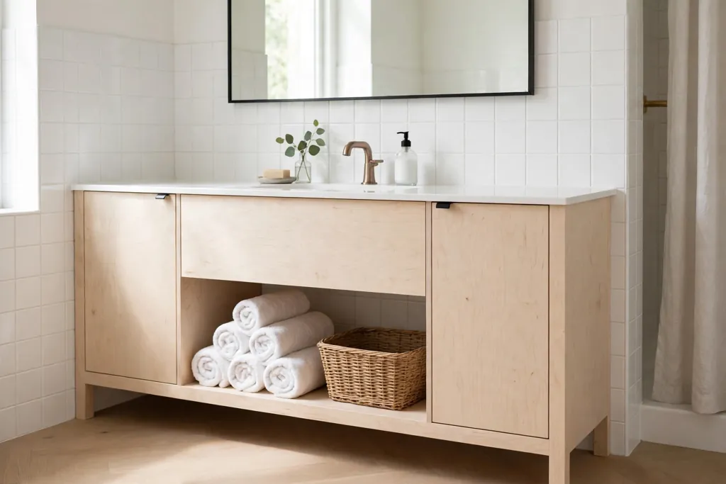 Pale birch wood bathroom vanity with an open shelf holding rolled towels.