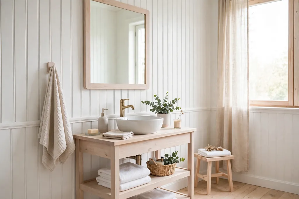 Swedish bathroom wall with white tongue and groove wood paneling.
