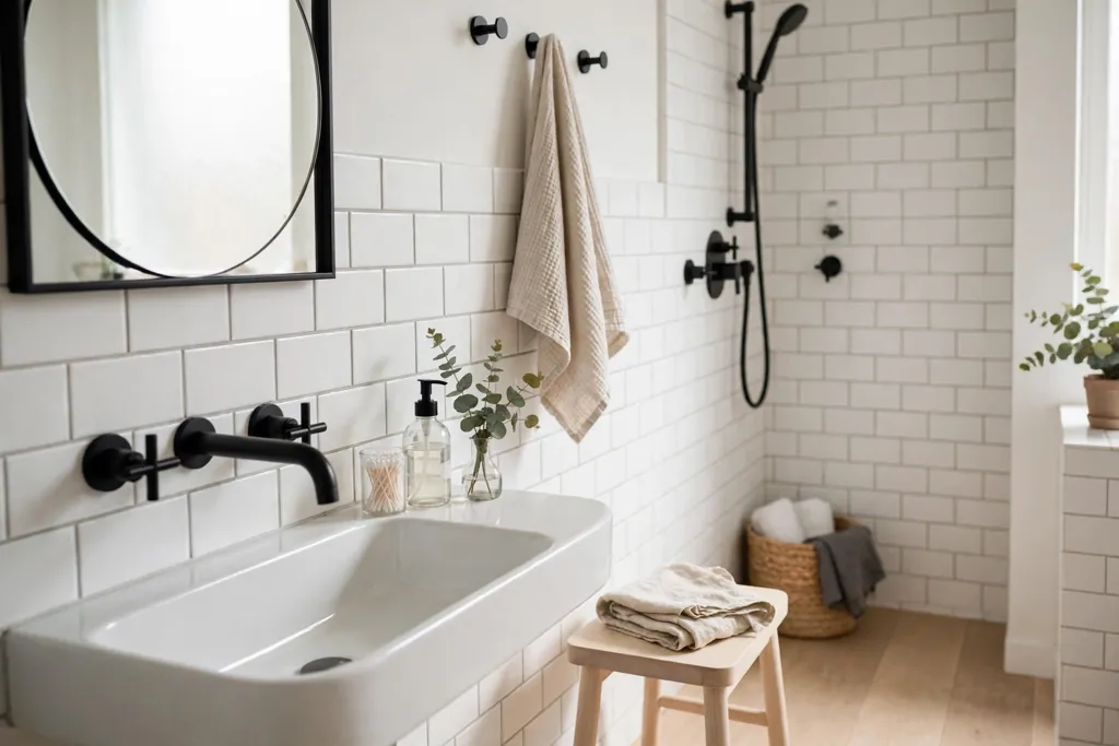 Swedish bathroom with matte black faucets against white wall tiles.