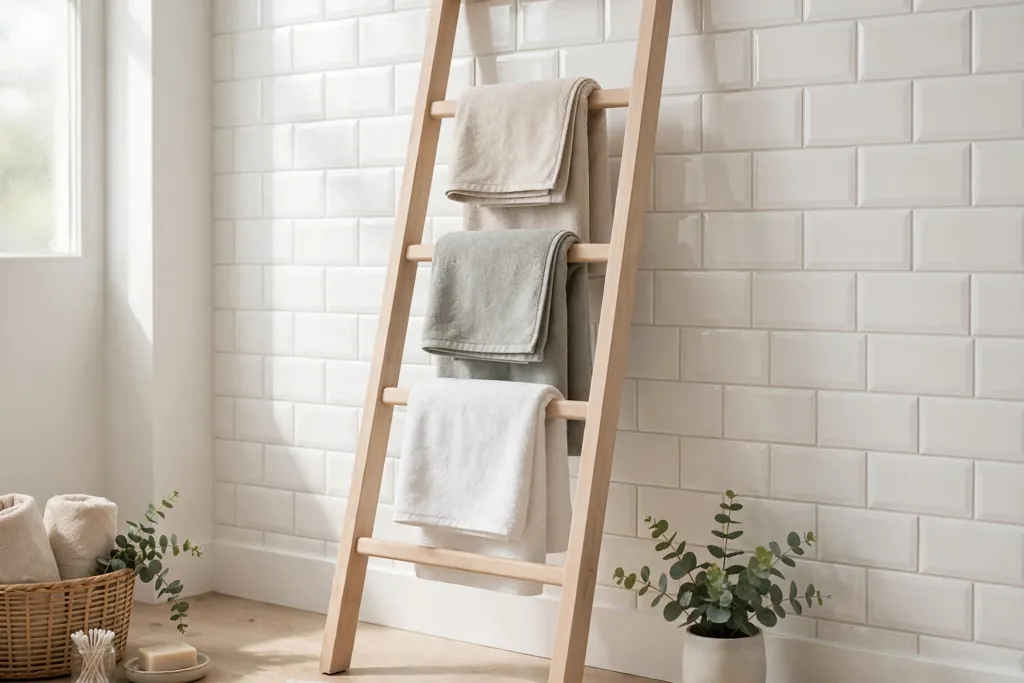 Wooden ladder towel rail leaning against a white bathroom wall.