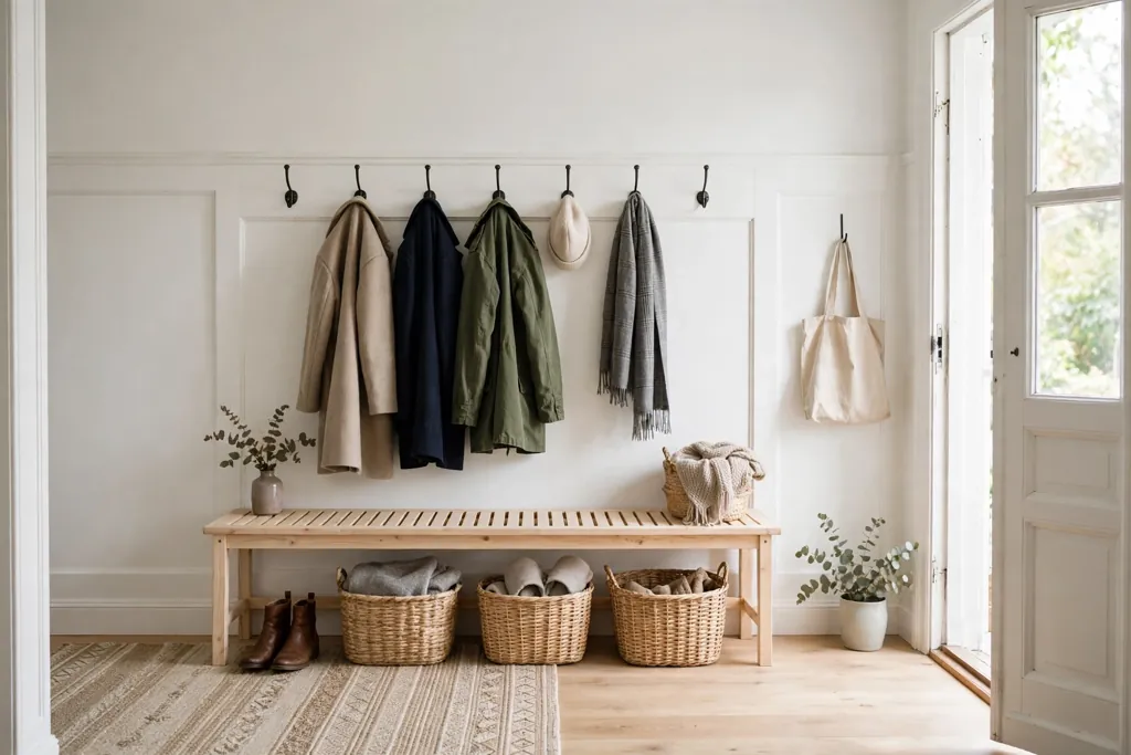 Entry with a pale wood bench, wall hooks, and baskets below.
