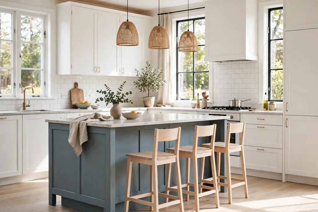 Swedish kitchen with a muted blue island