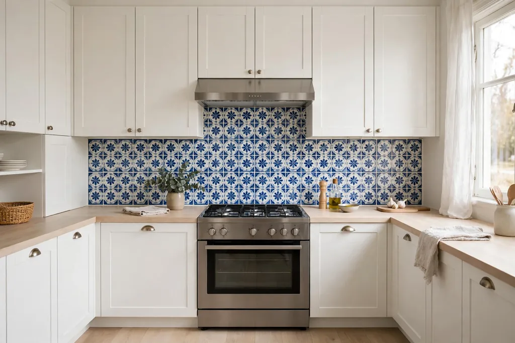 Swedish kitchen with a blue and white patterned tile backsplash behind a cooker.