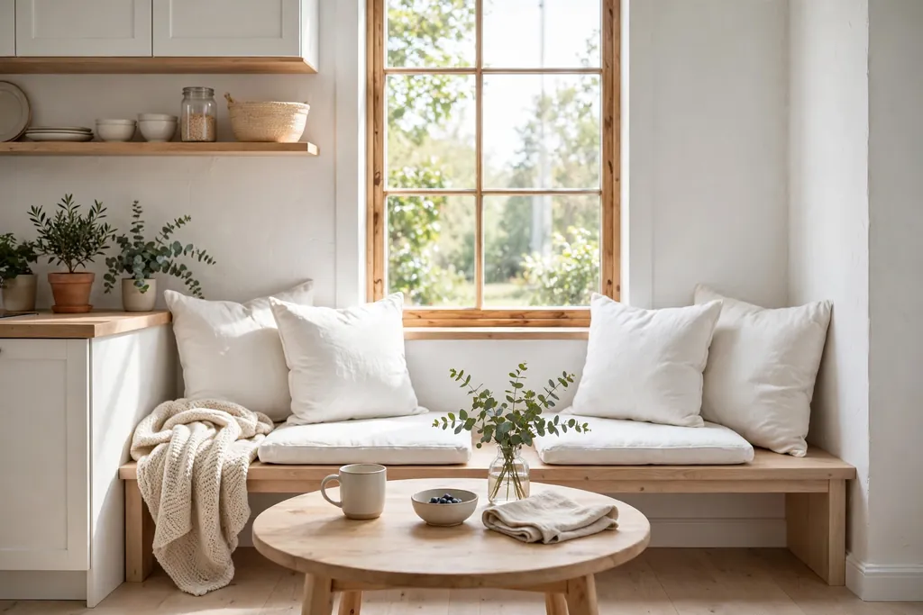 Swedish kitchen breakfast nook with a light wood bench