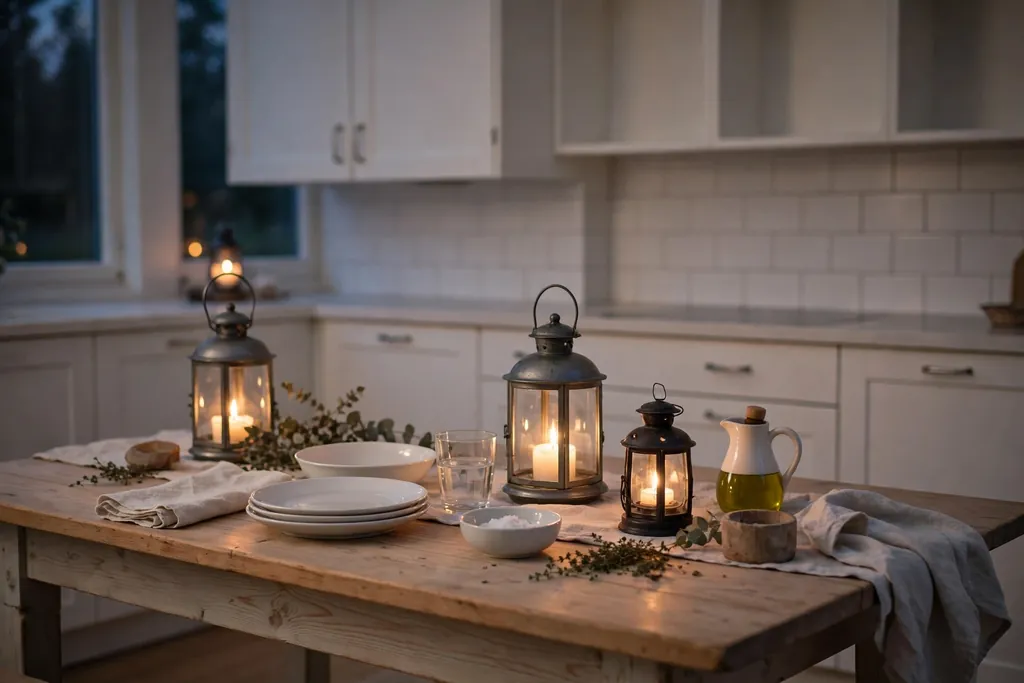 Swedish kitchen table in the evening with candle lanterns and warm light.