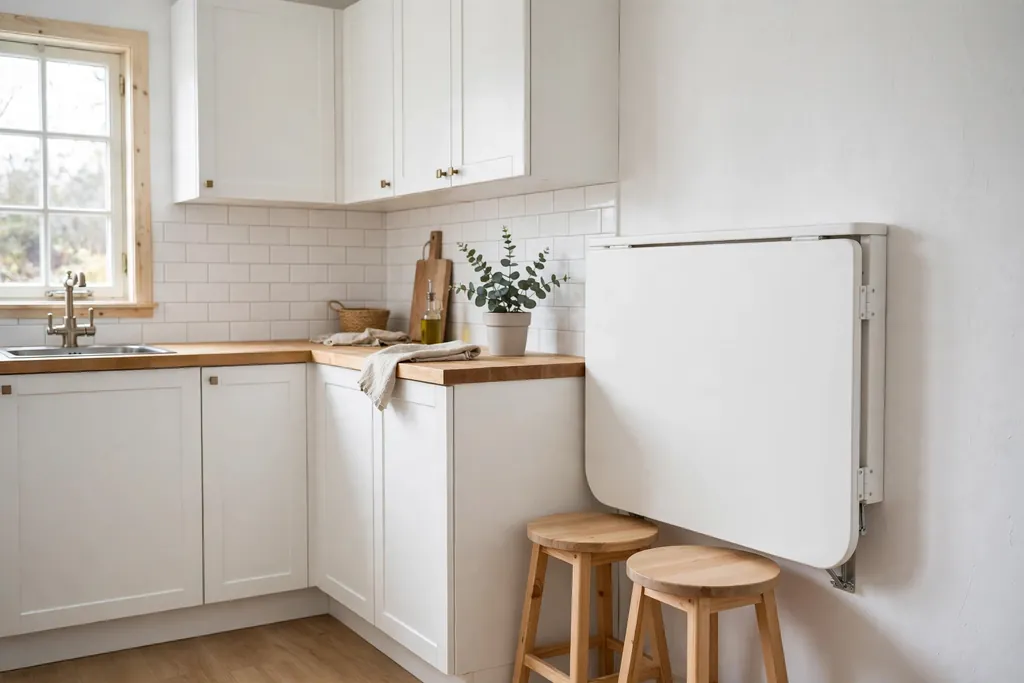 Small Swedish kitchen with a wall mounted drop leaf table and light wood stools.
